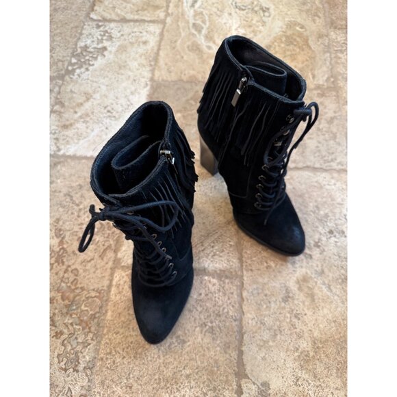 Kenneth Cole Black Fringe Lace-Up Heeled Boots Size 10 - Picture 7 of 11